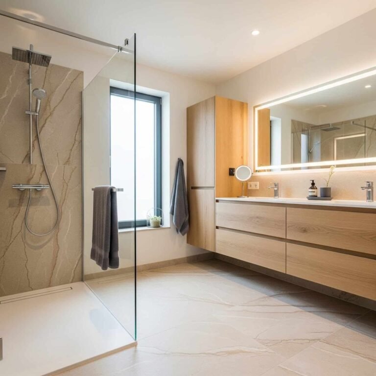 Porcelain tile flooring in a bathroom with sleek modern cabinets