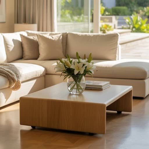 Natural hardwood floors in sunny living room