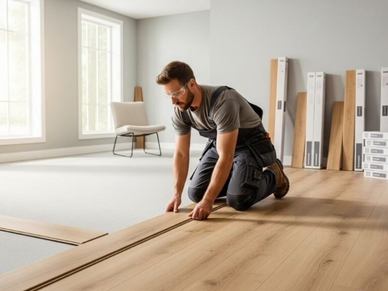 contractor installing tongue and groove flooring LVP