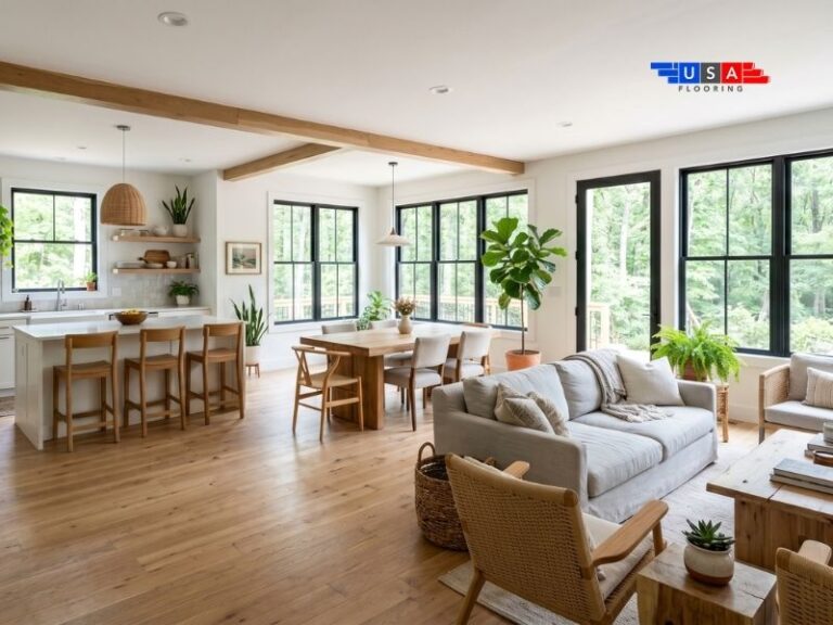 Wide-plank engineered hardwood running continuously through open floor plan in NC home