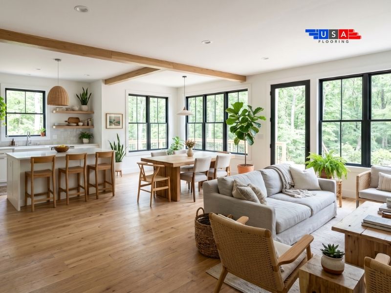 Wide-plank engineered hardwood running continuously through open floor plan in NC home